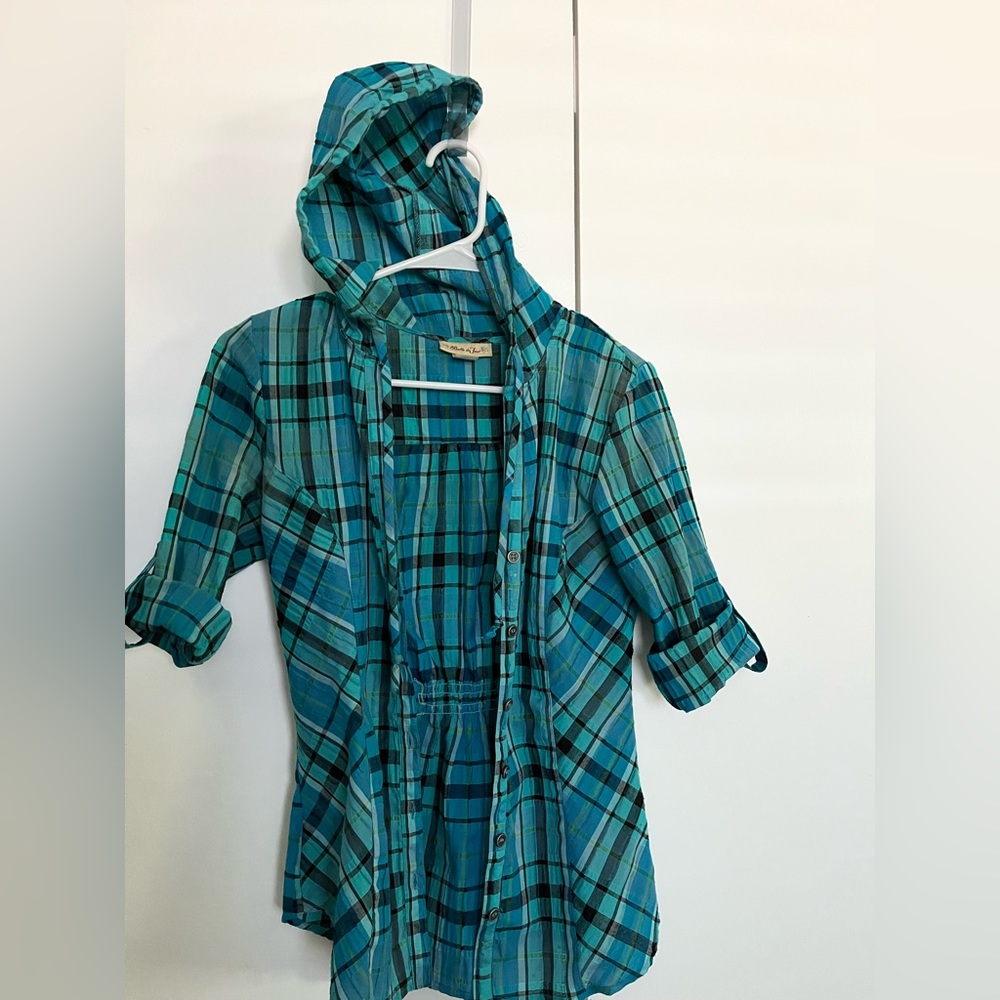 Belle du hour hooded plaid long sleeve button down top